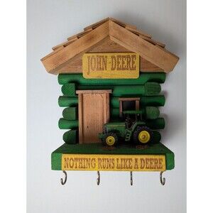 John Deere Hand Crafted Little Log Barn and Metal Tractor Wall 4 Key Holder